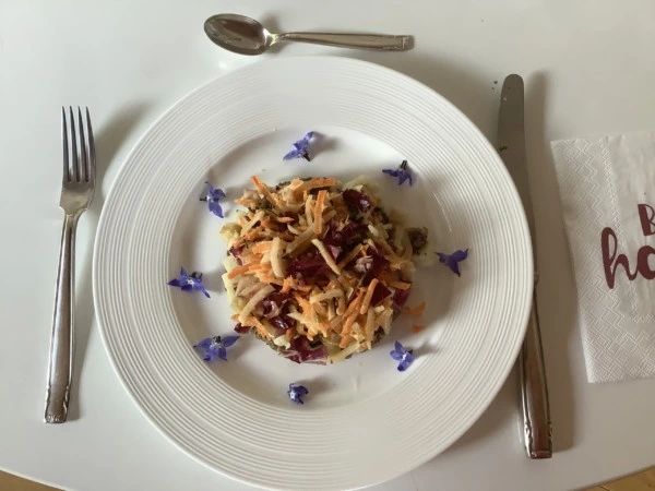 Salade protéinée colorée sur assiette